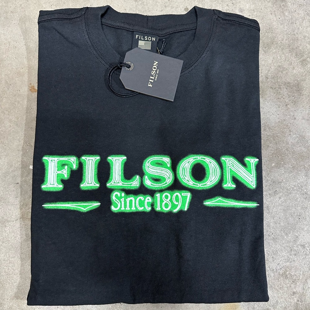 NWT Filson Pioneer Graphic T Shirt Black Neon Green Mens Short Sleeve USA